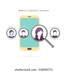 Vector illustration of mobile contact search concept with phone and magnifier.