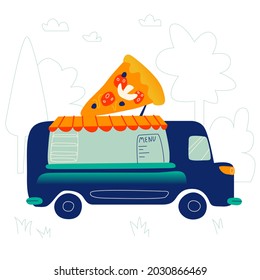 Vektorgrafik eines mobilen Diners auf einem Bus auf weißem, isoliertem Hintergrund. Verkauf von Fast Food Pizza. Hinter dem Hintergrund des Parks