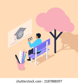 Vector illustration of mobile education. Cartoon scene with a student who studies remotely on the street.