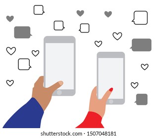 Vector illustration of mobile in the hand of user. New technology. Mobile screen. Flat graphic. Man and woman use mobile phones