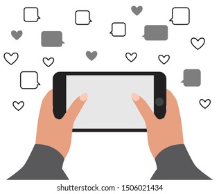 Vector illustration of mobile in the hands of user. New technology. Mobile screen. Icons. Flat graphic.