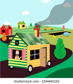 Vector illustration. Mobile home rides on the road. Vacation, summer.
