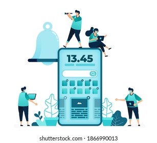 vector illustration of mobile home screen with digital clock and reminders. bell notification on mobile apps. women and men workers. designed for website, web, landing page, apps, ui ux, poster, flyer