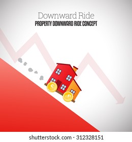Vector illustration of mobile house with wheels of gold dollar coins riding downhill.
