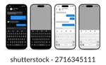 Vector illustration of mobile messenger app UI mockup with keyboard in light and dark themes. Realistic social media template isolated on white background