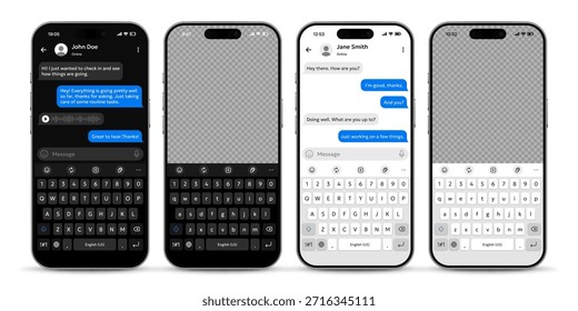 Ilustración vectorial de maqueta de interfaz de usuario de App de mensajería móvil con teclado en temas claros y oscuros. Plantilla realista de las redes sociales aislada sobre fondo blanco