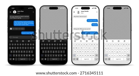 Vector illustration of mobile messenger app UI mockup with keyboard in light and dark themes. Realistic social media template isolated on white background