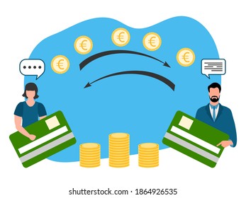 Vektor-Illustration Mobile Geldtransfer Online rund um die Welt Finanzgeschäfte im Online-Banking. Menschen, die Geld mit Kreditkarte schicken. Finanzielle Symbole Entzug der Transaktion Design for Web