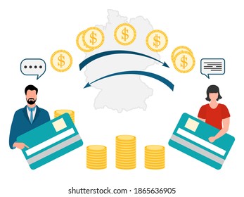 Vector illustration Mobile money transfer Online around the world Financial operations in online banking. People sending money from credit card. Financial symbols. Map of Germany Design for web, print