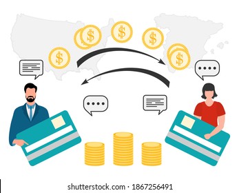 Vector illustration Mobile money transfer Online around the world Financial operations in online banking. People sending money from credit card. Financial symbols. Map of United States, Spain