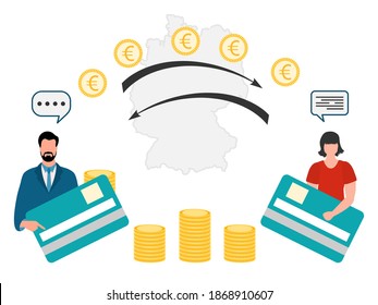 Ilustración de vectores Transferencia de dinero móvil en línea en todo el mundo Operaciones financieras en banca en línea. Gente enviando dinero desde tarjeta de crédito. Símbolos financieros. Mapa de Alemania Diseño para web, impresión