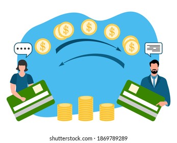 Vector illustration Mobile money transfer Online around the world Financial operations in online banking. People sending money from credit card. Financial symbols Withdrawal transaction Design for web