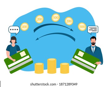 Ilustración de vectores Transferencia de dinero móvil en línea en todo el mundo Operaciones financieras en banca en línea. Gente enviando dinero desde tarjeta de crédito. Símbolos financieros Transacciones de retirada Diseño para web