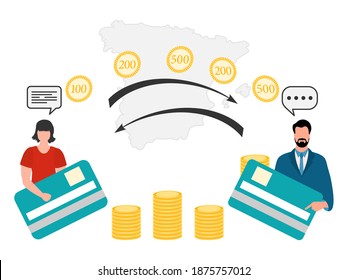 Vektor-Illustration Mobile Geldtransfer Online rund um die Welt Finanzgeschäfte im Online-Banking. Menschen, die Geld mit Kreditkarte schicken. Finanzielle Symbole. Karte von Spanien. Design für Web, Druck