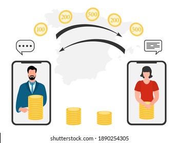 Ilustración de vectores Transferencia de dinero móvil en línea en todo el mundo Operaciones financieras en banca en línea. Gente enviando dinero desde un smartphone. Símbolos financieros. Mapa de España. Diseño para web, impresión