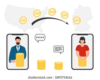 Vector illustration Mobile money transfer Online around the world Financial operations in online banking. People sending money from smartphone. Financial symbols. Map of United States, Germany
