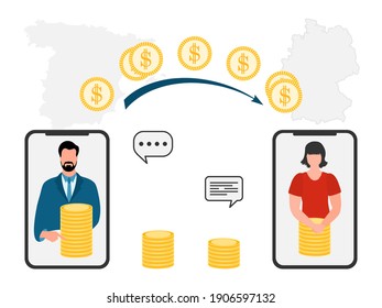 Vektor-Illustration Mobile Geldtransfer Online rund um die Welt Finanzgeschäfte im Online-Banking. Menschen, die Geld über Smartphone schicken. Finanzielle Symbole. Karte von Spanien, Deutschland. Design für Web