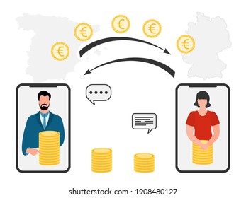 Vector illustration Mobile money transfer Online around the world Financial operations in online banking. People sending money from smartphone. Financial symbols. Map of Spain, Germany. Design for web
