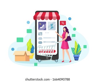 Imagen vectorial Tienda móvil en línea, Mujeres compran en línea con smartphone, Concepto de compra móvil. Una mujer compra cosas en la tienda en línea. Comprando en línea por teléfono móvil. Ilustración plana del vector