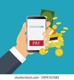 Vector illustration. Mobile payment concept. Hand holding a phone. Smartphone wireless money transfer. Flat design. 