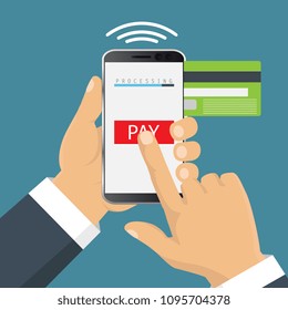 Vector illustration. Mobile payment concept. Hand holding a phone. Smartphone wireless money transfer. Flat design. 