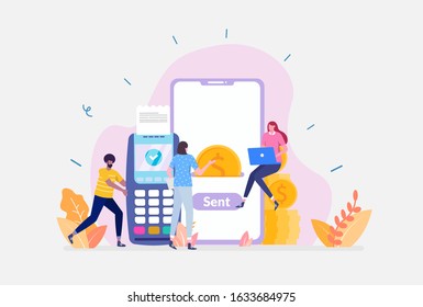 Vector Illustration, Mobile Payment Concept, Showing how user pay transaction and withdrawal using mobile phone, Suitable for landing page, ui, web, App intro card, editorial, flyer,and banner