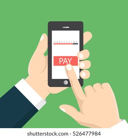 Vector illustration. Mobile payment concept. Hand holding a phone. Smartphone wireless money transfer. Flat design. 