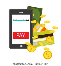Vector illustration. Mobile payment concept. Hand holding a phone. Smartphone wireless money transfer. Flat design. 