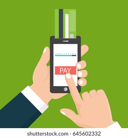 Vector illustration. Mobile payment concept. Hand holding a phone. Smartphone wireless money transfer. Flat design. 