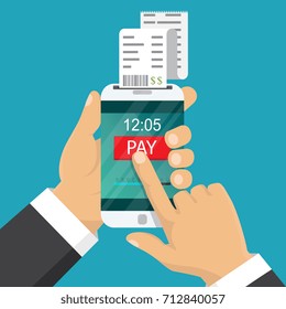 Vector illustration. Mobile payment concept. Hand holding a phone. Smartphone wireless money transfer. Flat design. 