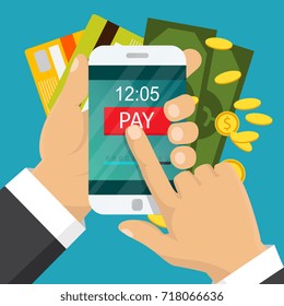 Vector illustration. Mobile payment concept. Hand holding a phone. Smartphone wireless money transfer. Flat design. 