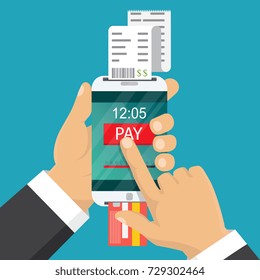 Vector illustration. Mobile payment concept. Hand holding a phone. Smartphone wireless money transfer. Flat design. 