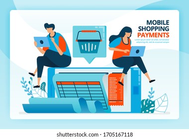 Ilustración vectorial para pagos móviles y facturas de compra. Personajes de dibujos animados de vector humano. Diseño de páginas de inicio, web, página web, aplicaciones móviles, banner, volante, folleto, afiche, software