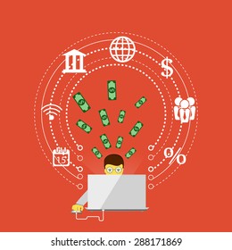 Vector illustration of mobile payment via the Internet, online banking, shopping, e-commerce.
