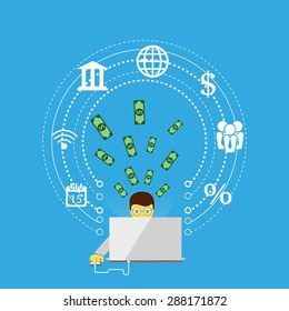 Vector illustration of mobile payment via the Internet, online banking, shopping, e-commerce.