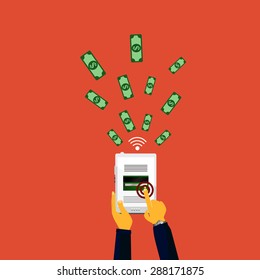 Vector illustration of mobile payment via the Internet, online banking, shopping, e-commerce.