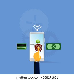 Vector illustration of mobile payment via the Internet, online banking, shopping, e-commerce.