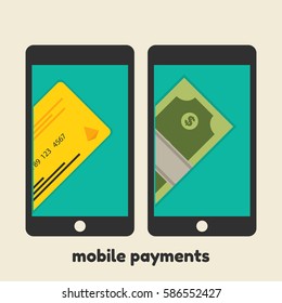 Vector illustration of mobile payments with credit card and moneys