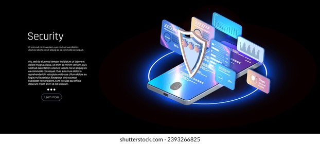 Vector illustration of a mobile phone with advanced security features. The phone is enveloped in a blue glow and displays icons for a lock, fingerprint scanner, and shield