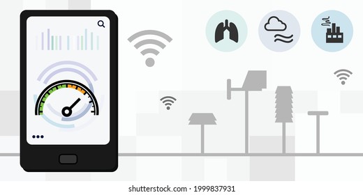 Vector Illustration Of Mobile Phone And Air Quality Conditions Measurement