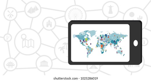 vector illustration mobile phone application with locations and world map for travelers and touristic routes and planning visualization concepts