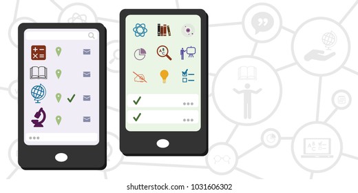 vector illustration mobile phone application with education icons and learning activities for digital studies and courses services