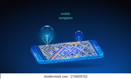 Vector illustration of a mobile phone with an application for mobile navigation.  Science, futuristic, web, network concept, communications, high technology. EPS 10.