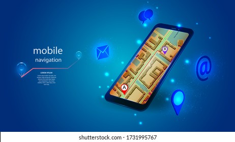 Vector illustration of a mobile phone with an application for mobile navigation.  Science, futuristic, web, network concept, communications, high technology. EPS 10.