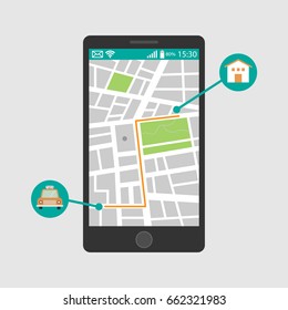 Vector illustration of a mobile phone, an application for calling a taxi and tracking a route