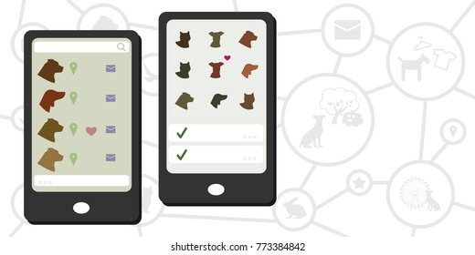 vector illustration of mobile phone application for pet owners to socialize get information and share photos of cats dogs or other animals