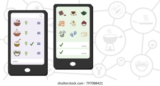 vector illustration of mobile phone application for cooking with recipes ingredients and other menu options