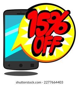 Vector illustration of a mobile phone with a balloon-shaped price tag with 15% fifteen percent off.