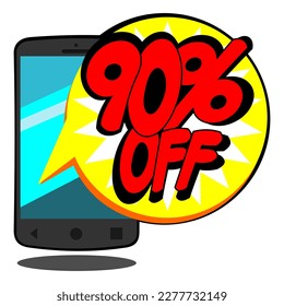Vector illustration of a mobile phone with a balloon-shaped price tag with 90% ninety percent off.