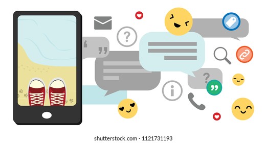 vector illustration of mobile phone and beach photo with comments and likes on social media for vacation theme